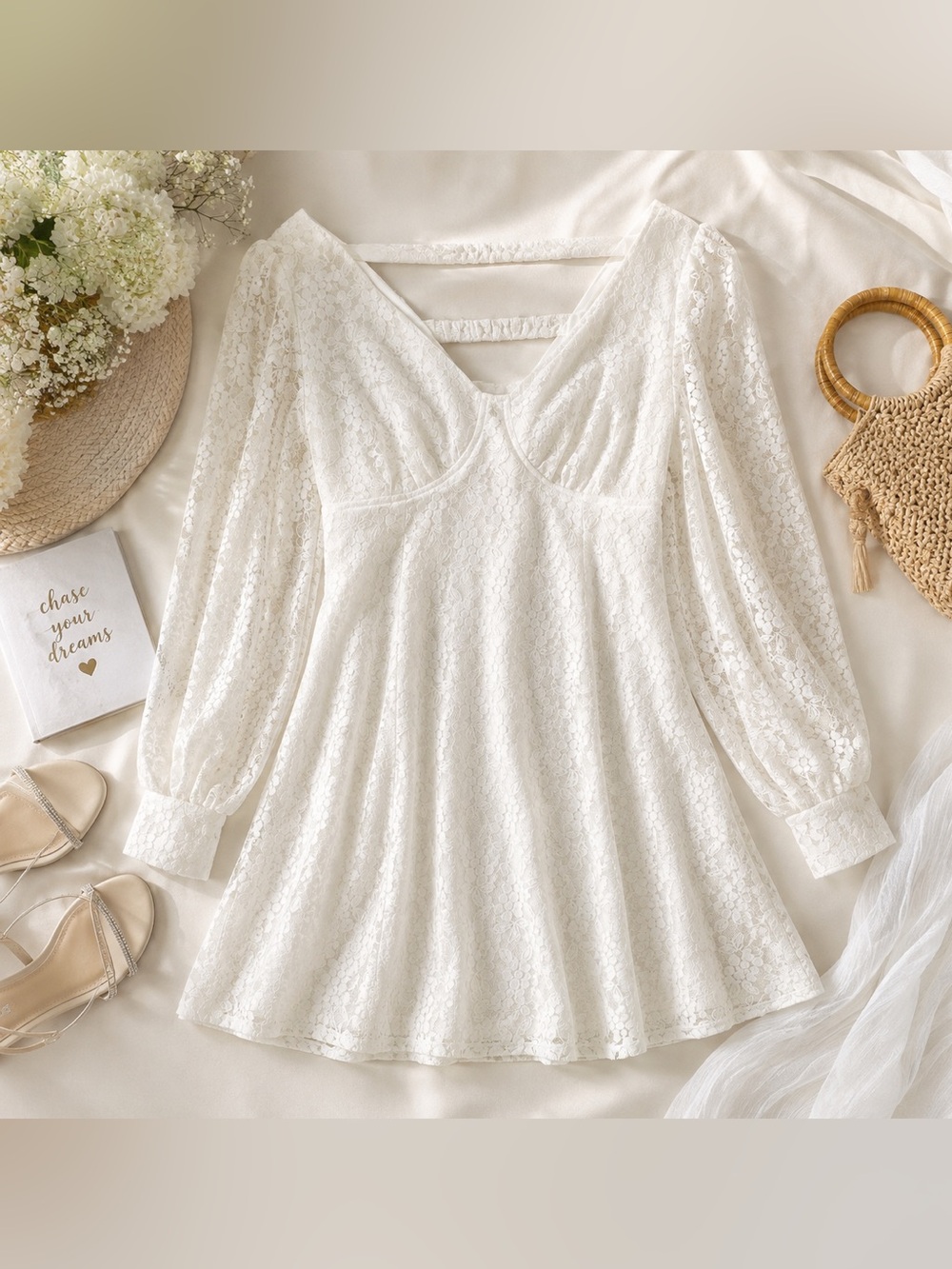 White Lace Mini Dress M Sorority Rush Recruitment Coquette Romantic Long Sleeve